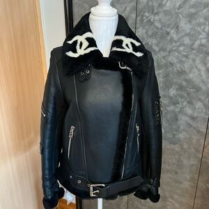 CHANEL Fur Black Leather Jacket with White Details